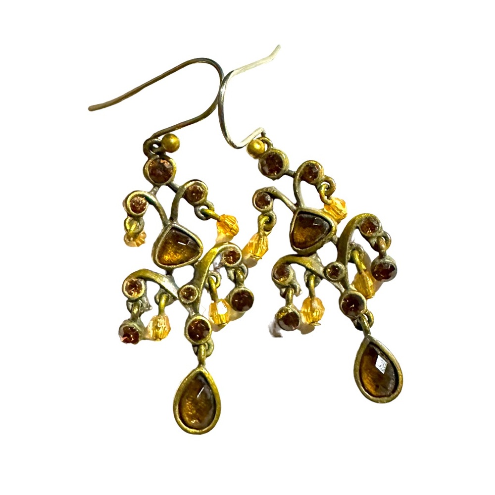 Vintage LIz Claiborne Chandelier Earrings brass tone with amber & yellow stones